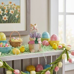 Resin Bunny Figurine Holding Lilac Flowers  8" Tall Easter Spring‎ Decoration